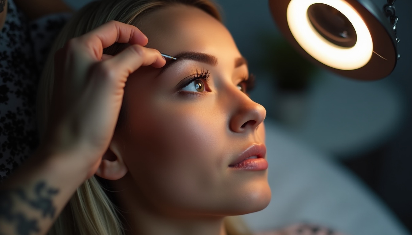 O tânără urmând un curs de micropigmentare sprâncene, învățând tehnici avansate sub îndrumarea unui specialist.